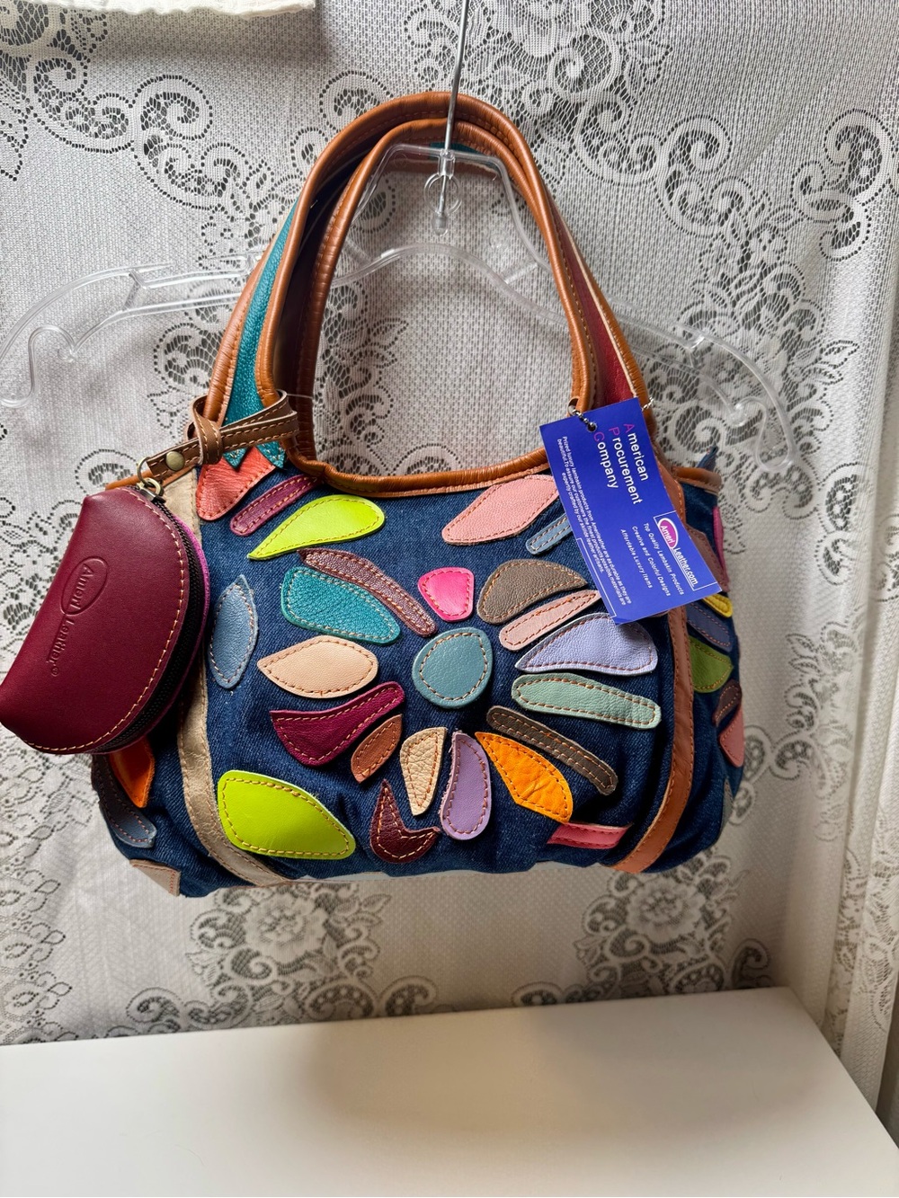 NWT AmeriLeather Avie Denim Multicolor Leather Floral Patchwork Satchel Bag